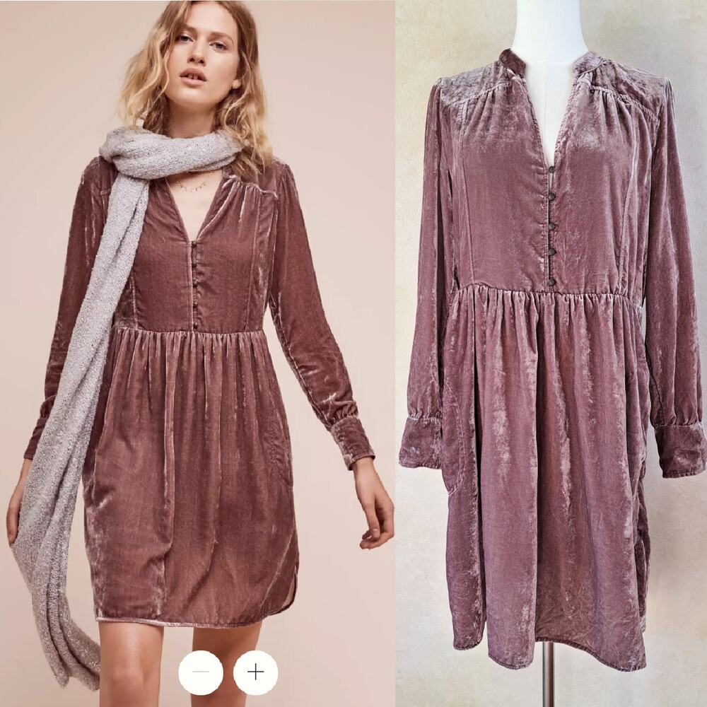Anthropologie Holding Horses Mauve Velvet Babydoll Mini Shirt Dress Small